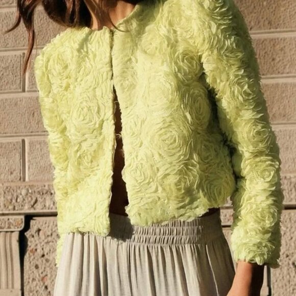 NWT Zara Lime Green Floral Texture Jacket Size S - Picture 2 of 7